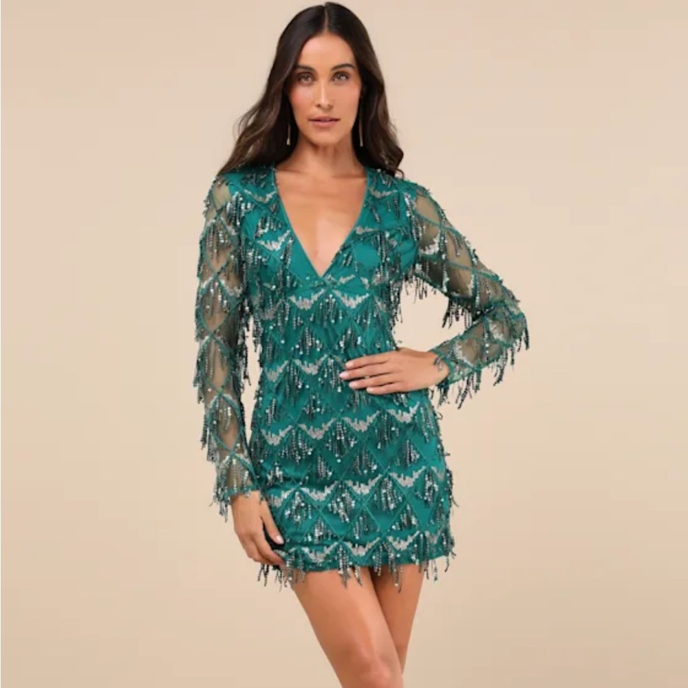 Lulus playful composure green fringe sequin Mini Dress